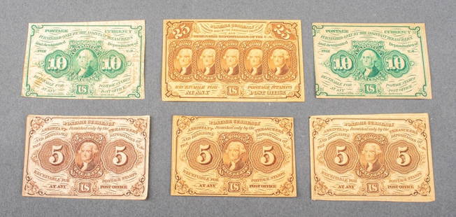 U.S. 1862 Fractional Currency, 6: Six United States postage currency notes comprising two (2) 1862 10 cents note with George Washington to obverse, one (1) 1862 25 cents bill, and three (3) 1862 5 cents notes with Thomas Jefferson to