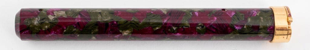 Waterman Green Purple Marbled 18K Nib Fountain Pen: Waterman fountain pen, 18K yellow gold Ideal nib size M, green and purple marbled celluloid case, gilded applications, made in France together with matching traveling cigar box. 4.75" H x 5/8" diamete