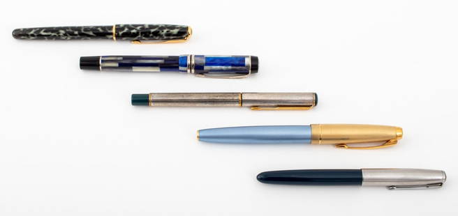 Parker Fountain Pen, 5: Assembled group of five Parker fountain pens, with 18K gold nib, made in France. Largest: 5.5" H x 0.5" diameter.