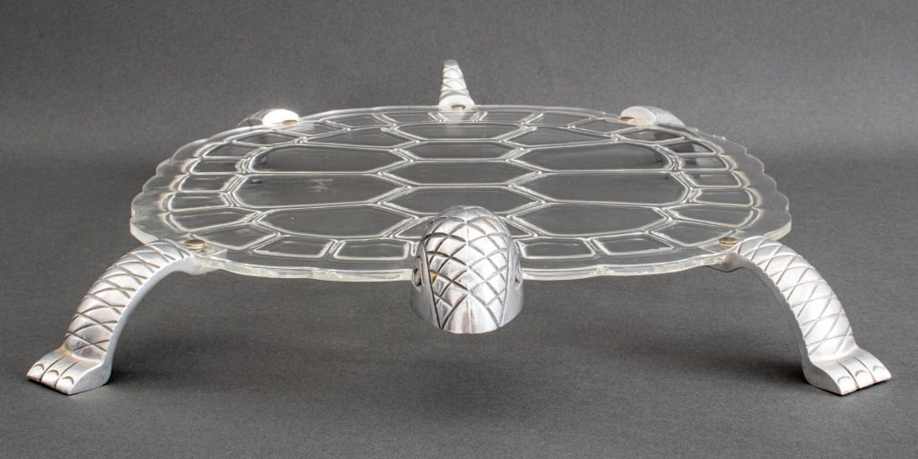 Mod Aluminum-Mounted Lucite Turtle Tray: Modern aluminum-mounted lucite turtle-form tray. 21" L x 15" W.