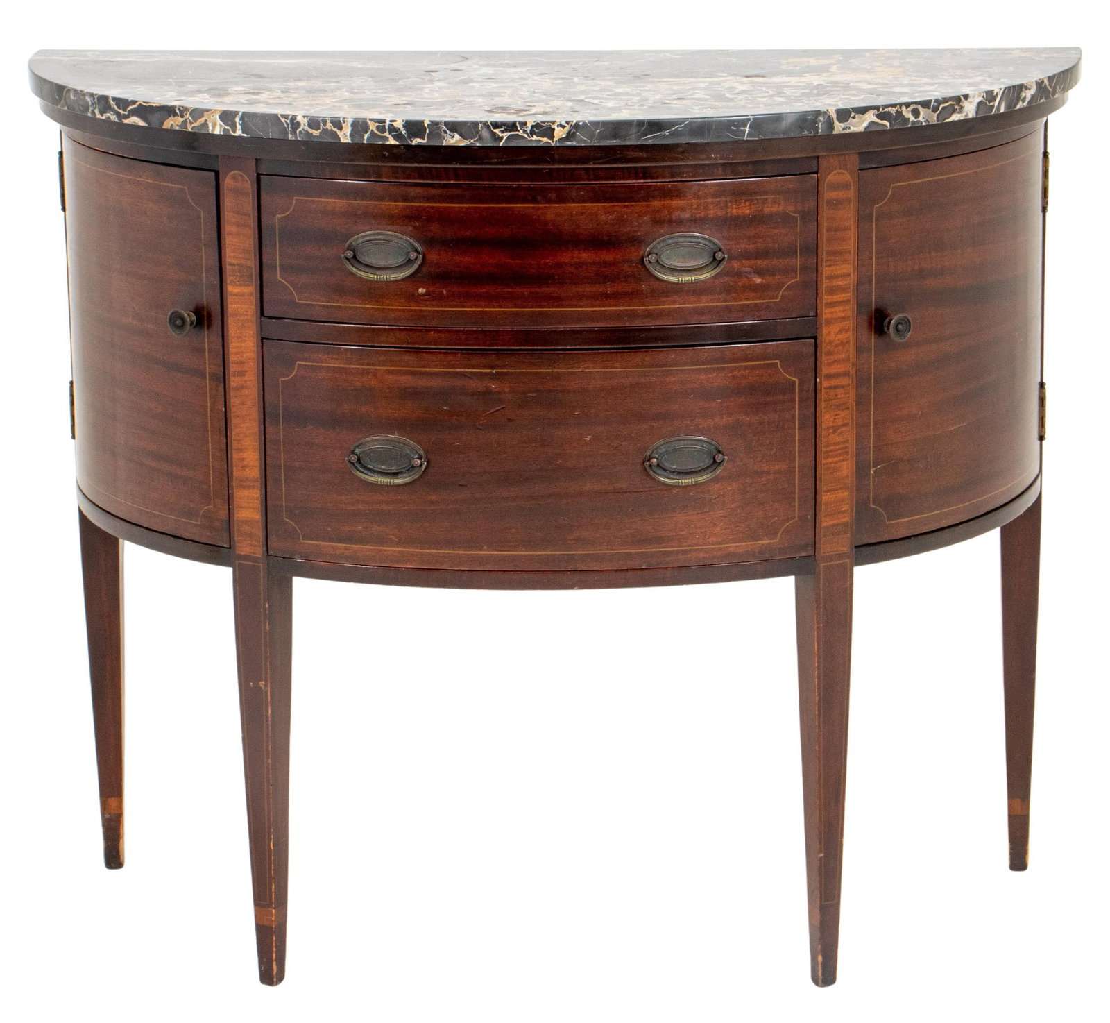 George III Style Marble Topped Demilune Console: George III style nero antico marble topped demilune console, centering two short drawers flanked by conforming cabinets above four square tapering legs with satinwood stringing. 35.25" H x 47" W x 20"