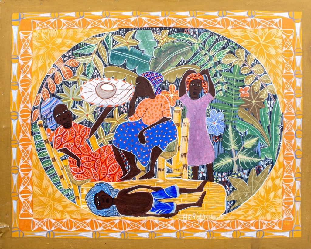 Herold St. Louis Figurative Folk Art Oil on Canvas: Herold St. Louis (Haitian, XX-XXI) Folk Art oil painting on canvas depicting four figures amongst a landscape within a geometric foliate border, signed lower right. 16" H x 20" W.