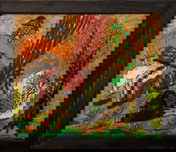 Polish Folk Art Reverse Glass Campfire Painting: Polish Folk Art reverse painted glass painting depicting a campfire scene with two figures, one man drinking below a tree, the other cooking by the fire, 1975, signed lower right, label to verso, hous