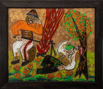 Polish Folk Art Reverse Glass Campfire Painting: Polish Folk Art reverse painted glass painting depicting a campfire scene with two figures, one man drinking below a tree, the other cooking by the fire, 1975, signed lower right, label to verso, hous