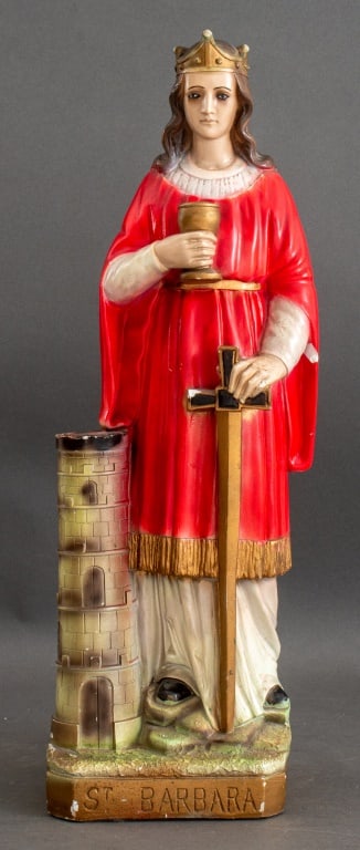 Santeria Figure of Saint Barbara Chango: Santeria figural sculpture of Santa Barbara Chango, depicting the female saint with crown, chalice, and red cloak, the figure also represents Chango, the African Yoruba orisha deity of fire, lightning