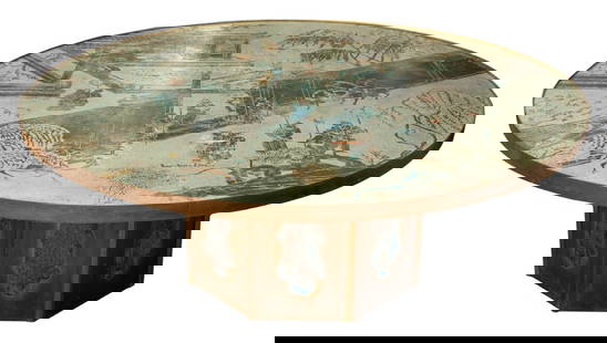 Philip & Kelvin LaVerne Chan Coffee Table: Philip and Kelvin LaVerne (American, 1907-1987; b.1937) Modern "Chan" coffee table, circa 1965, acid-etched brass over pewter over wood, patinated brass, with acid-etched signature in the top. 18" H x