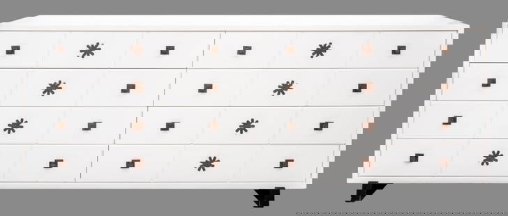 Tommi Parzinger Mid-Century Long Dresser: Tommi Parzinger (German, 1903-1981) for Parzinger Originals Mid-Century Modern long dresser, circa 1950, in lacquered and partially ebonized wood with brass pulls and embellishments, marked in drawer.