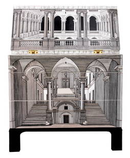 Piero Fornasetti & Gio Ponti Demi-Secretaire 1990s: Piero Fornasetti (Italian, 1913-1988) and Gio Ponti (Italian, 1891-1979) vintage demi-secretaire from the "Architettura" series, designed circa 1950, executed circa 1990s, with Fornasetti label to top