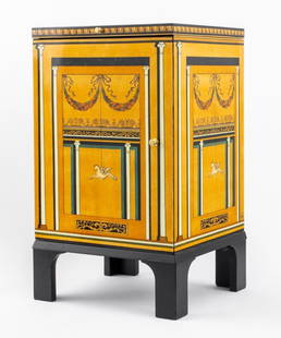 Piero Fornasetti "Pompeiana" Diminutive Cabinet: Piero Fornasetti (Italian, 1913-1988) side end table or night stand in the "Pompeiana" pattern on an ochre ground with door opening to reveal cabinet compartment, the top later customized to open to