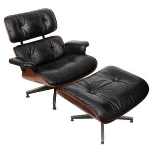 Eames for Herman Miller Lounge Chair and Ottoman: Charles and Ray Eames (American, 1907-1978; 1912-1988) for Herman Miller Mid-Century Modern lounge chair and ottoman with leather upholstery, label to underside of chair. Chair: 32.5" H x 32.75" W x