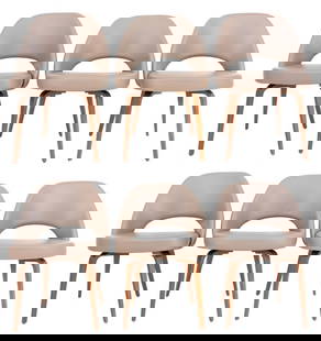 Saarinen Knoll Series 71 Wood Legged Chairs, 6: Set of six Eero Saarinen (Finnish/American, 1910-1961) for Knoll Mid-Century Modern executive chairs, designed in 1950, upholstered in taupe leather, raised on light walnut tapered legs, label and Kno