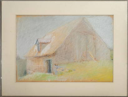 Wolf Kahn "Vermont Fog" Pastel on Paper: Wolf Kahn (German/American, 1927-2020) "Vermont Fog" pastel drawing on paper depicting a landscape scene centering on a barn house, signed lower right with Gallery Reese Palley label to verso, housed