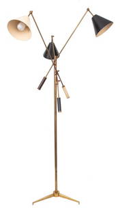 Arredoluce "Triennale" Italian Modern Floor Lamp: Angelo Lelli (Italian, 1911-1979) for Arredoluce Italian Mid-Century Modern Triennale floor lamp with three articulated arms and conical enamel shades, marked "Made in Italy / Arredoluce Monza" to bas