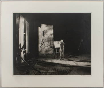 Andre Villers Photograph of Picasso, 1955: Andre Villers (French, 1930-2016) photograph of Pablo Picasso (Spanish, 1881-1973), signed lower right, stamped, and dated to reverse, housed under Plexiglas in a silver-tone metal frame. Image: 16" H