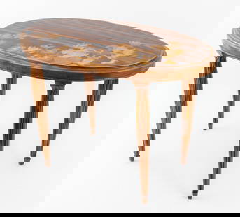 Emile Galle Art Nouveau Marquetry Side Table: Emile Galle (French, 1846-1904) Art Nouveau oval side table with wood marquetry inlay, signed within the floral marquetry top. 18" H x 27.5" W x 16" D. Provenance: From a Rye, N.Y. collection.