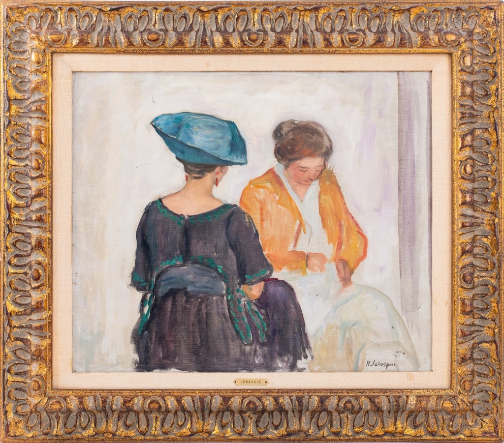 Henri Lebasque "Deux Femmes" Oil on Canvas: Joseph Henri Baptiste Lebasque (French, 1865-1937) "Deux Femmes" Post-Impressionist oil painting on canvas depicting two women sitting together in an interior scene, signed lower right, housed in a ca