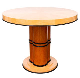 Art Deco Satinwood Round Breakfast Table: Art Deco satinwood round breakfast table with tri-lobed stand and black lacquered apron and details, the circular top with star pattern effect, overall with a high gloss finish. 30.5" H x 38" diameter
