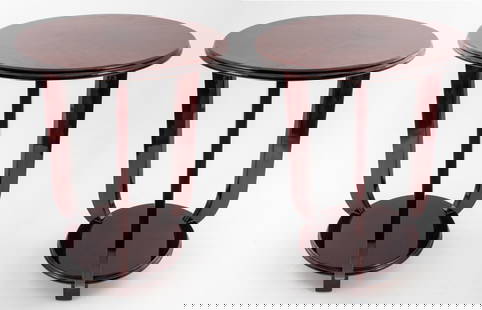Art Deco Wooden Tripod Side Tables, Pair: Pair of Art Deco hardwood side or end tables with three legs and a bottom shelf, with a cherry lacquer finish and in the manner of Emile-Jacques Ruhlman (French, 1879-1933). 22.5" H x 17.5" diameter.