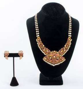 Indian Jadau 18K Ruby Sapphire & Pearl Jewelry Set: 18K yellow gold necklace and earrings set, decorated with cultured pearls, approx 3.0 - 5.0 mm, seed pearls, rubies, white and blue sapphires, designed in the style of Indian Jadau hand fabricated jew