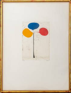 Richard Diebenkorn "Tri-Color" Etching, 1981: Richard Diebenkorn (American, 1922-1993) "Tri-Color" drypoint etching in colors, numbered in pencil edition 16/35 lower left, pencil signed and dated lower right, housed under Plexiglas in a gilt wood