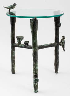 Ilana Goor Bird and Mushroom Bronze Side Table: Ilana Goor (Israeli, b. 1936) Modern Diego Giacometti (Swiss, 1902-1985) style bronze bird and mushroom sculptural tripod table, three branch-like uprights, one with bird, one with a mushroom and one