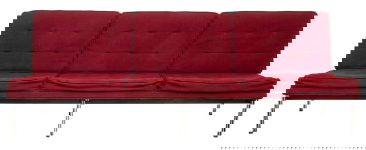 Vintage Knoll Parallel Bar "Model 53" 3-Seat Sofa: Vintage Mid-Century Modern Knoll "Model 53" "Parallel Bar" sofa or couch by Florence Knoll (American, 1917-2019) upholstered in claret red, original condition on steel frame. 29" H x 84" W x 30" D; se