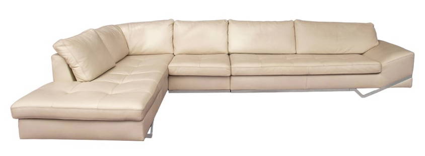 Roche Bobois Beige Leather Sectional Sofa: Roche Bobois Modern beige leather upholstered sectional couch in three pieces, with chromed metal geometric bases, marked beneath cushions. Largest: 24" H x 86" W x 36" D; 24" H x 76" W x 36" D; chair