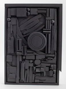 Louise Nevelson "City-Sunscape" Relief Sculpture: Louise Nevelson (American, 1899-1988) polyester resin with black enamel on wood relief sculpture, for the Louise Nevelson Laboratory at the Sloan-Kettering Institute, Pace Editions 1979, incised signa