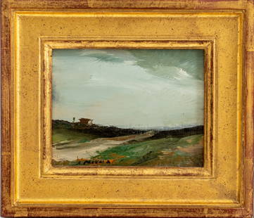 Anne Packard Landscape Oil on Board: Anne Packard (American, b. 1933) landscape oil painting on board, signed lower left, housed in a carved giltwood frame, labels on back. Image: 3.5" H x 4.5" W; frame: 6.5" H x 7.5" W. Provenance: From