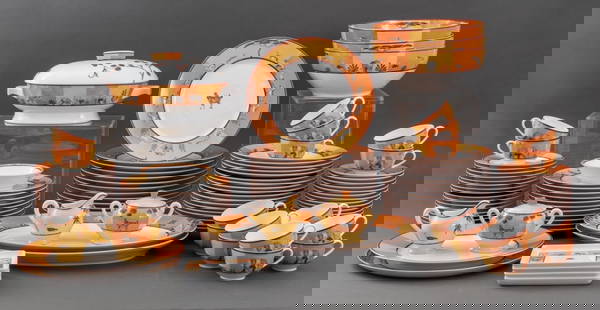 Hermes Porcelain "Africa" Dinner Service: Hermes porcelain dinner service, each piece with iron red overglaze marks, in the "Africa" pattern, and comprising: fourteen (14) dinner plates, eleven (11) luncheon plates, eighteen (18) soup plates,