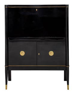 De Coene Freres Art Deco Drop Front Secretaire: De Coene Freres Art Deco black lacquered pear wood drop front secretaire cabinet, the top keyed compartment opening to reveal desk top and six short glass-topped shelves, and above two-doors with