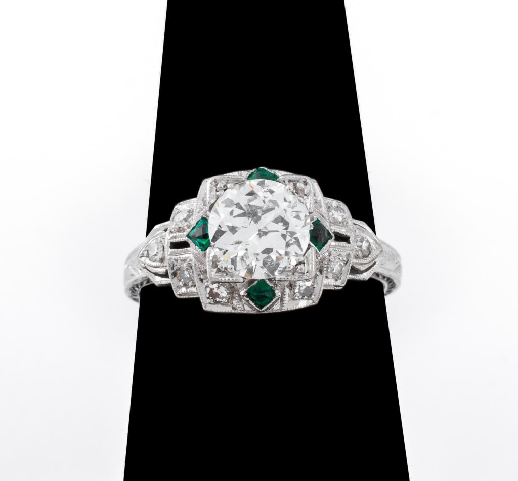 Art Deco Period Platinum Diamond & Emerald Ring (1 of 8)