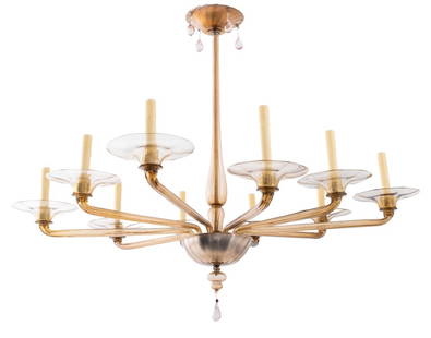 Veronese Italian Murano Glass Chandelier: Veronese Italian Murano glass chandelier with honey colored glass and clear glass droplets, circa 1930s. 41" H x 48" diameter.