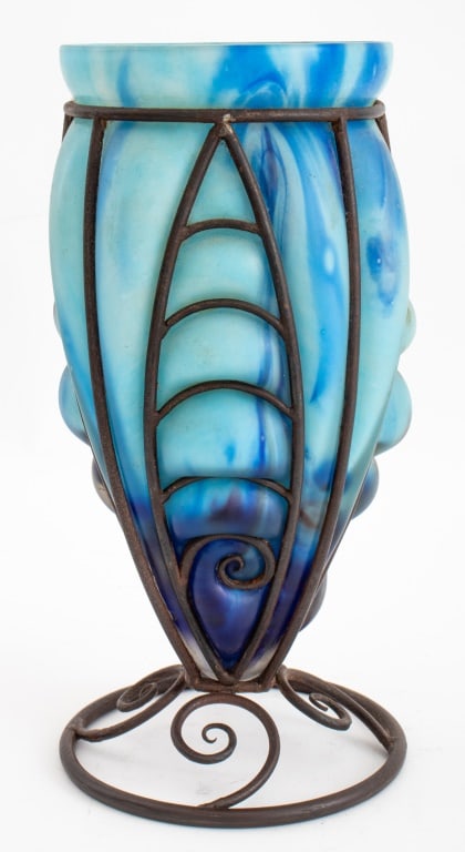 Le Verre Francais Glass & Wrought Iron Vase, 1920s (1 of 7)