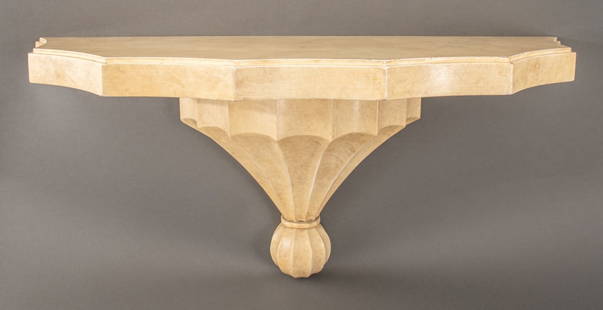 Samuel Marx Lacquered Wood Wall-Mounted Console: Samuel Marx (American, 1885-1964) Art Deco wall-mounted console table of demilune form with reverse scalloped edge, the wooden shelf lacquered in a textured beige tone. 16.5" H x 34.25" W x 12.5" D. P