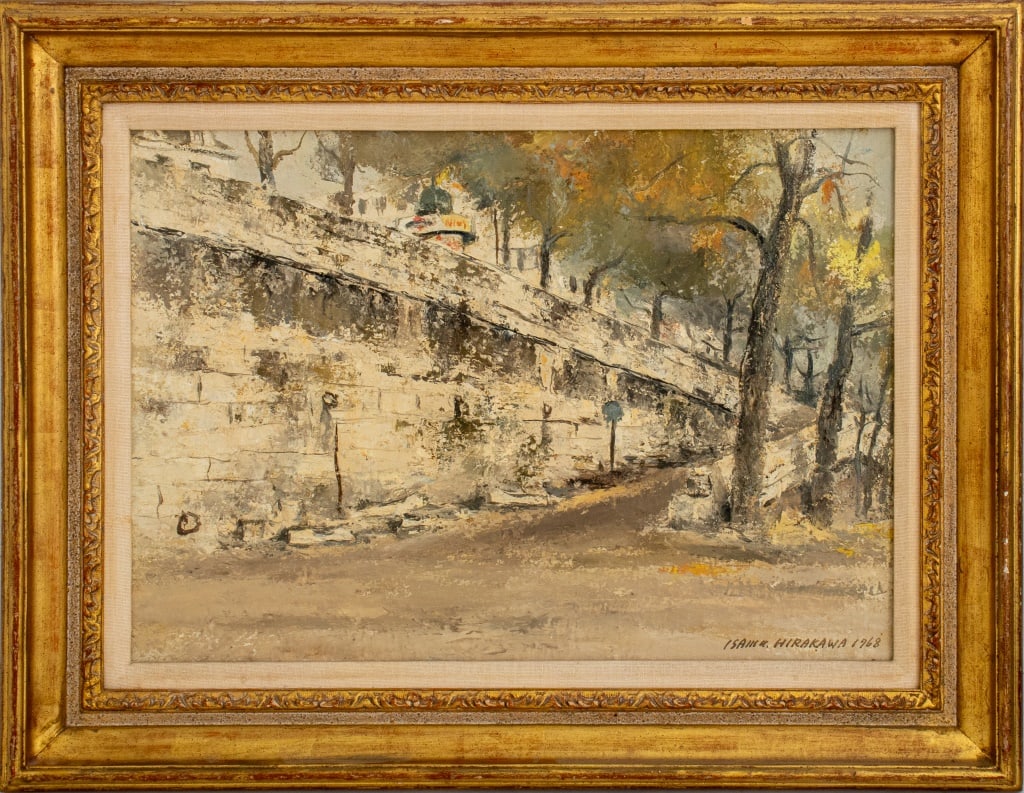 Isamu Hirakawa "Berges de Seine" Oil on Burlap: Isamu Hirakawa (Japanese, 1921-1989) "Berges de Seine" oil painting on burlap, 1968, depicting a riverside Parisian cityscape scene with a Morris column, signed and dated lower right, housed in a gilt