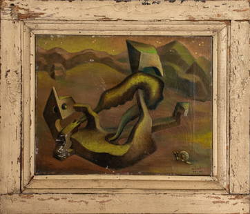 Bob Rainey "Cat" Surrealist Oil on Canvas, 1937: Robert E. L. Rainey (American, 1914-2002) "Cat" Mid-Century Modern oil painting on canvas depicting an abstract Surrealist Cubist composition with a snail, dated and signed "Reni" lower right, inscrib