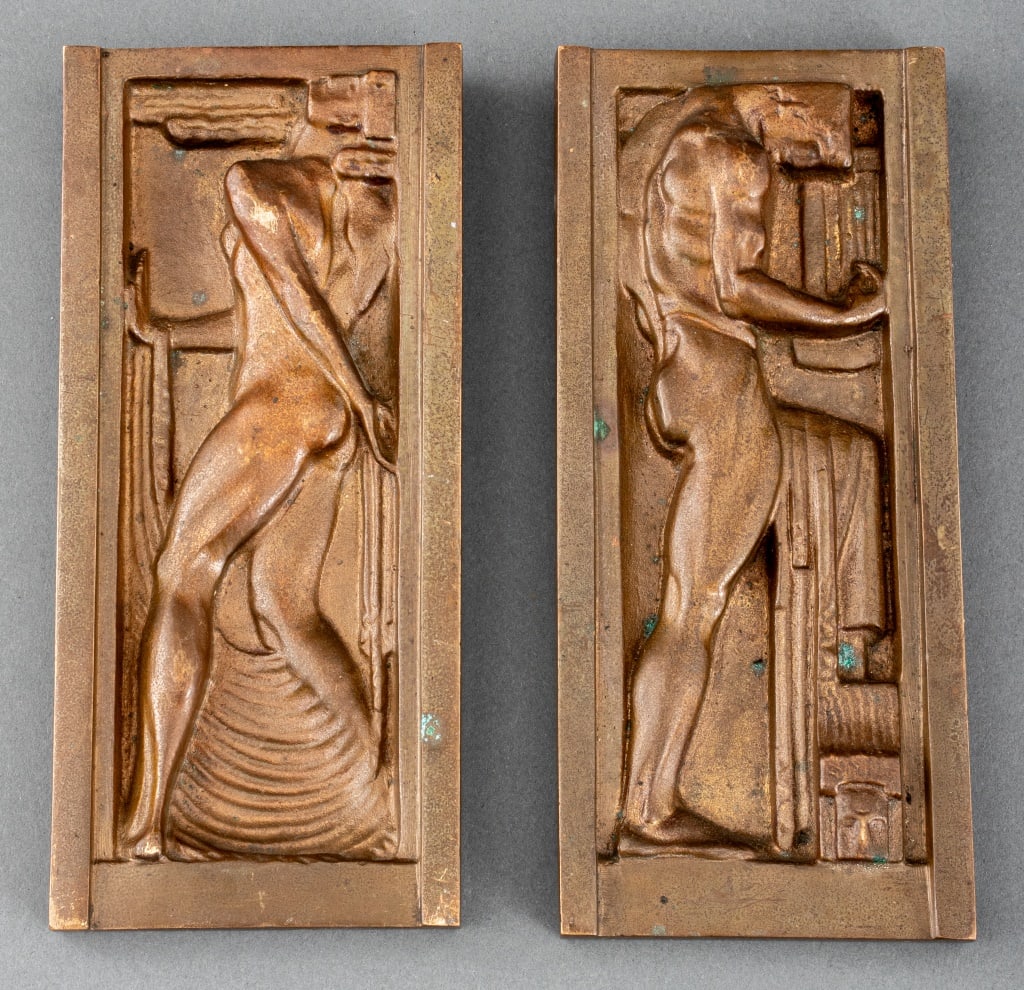 Art Deco Nude Figural Bronze Relief Plaques, Pair: Art Deco bronze relief plaque sculptures depicting a nude male and nude female figure, possibly once architectural elements, in the manner of Rene Paul Chambellan (American, 1893-1955). Each: 7.75" H