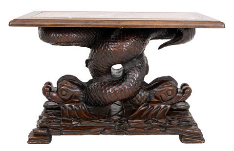 William Kent Manner Double Dolphin Console: William Kent (English, 1685-1748) manner double dolphin console table, the rectangular inset pink breccia marble top set within a rounded cornice, supported by fully carved twin out-turned dolphin sup