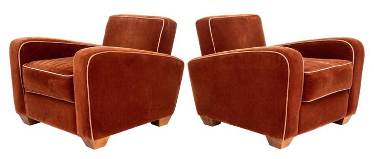 French Art Deco Style Wool Velvet Club Chairs, 2: French Art Deco style club armchairs in the manner of Jules Leleu (French, 1883-1961) for Maison Leleu, with square backs and angled arm panels flanking a square seat, upholstered allover in russet wo