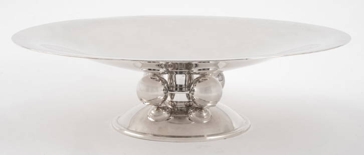 Luc Lanel for Christofle Silver Plate Tazza, 1930: Christofle Art Deco silver plate tazza designed by Luc Lanel (French, 11893-1965), circa 1930, stamped "Christofle / 4 / 0" to underside, with circular shallow basin above four spheres encircling a co