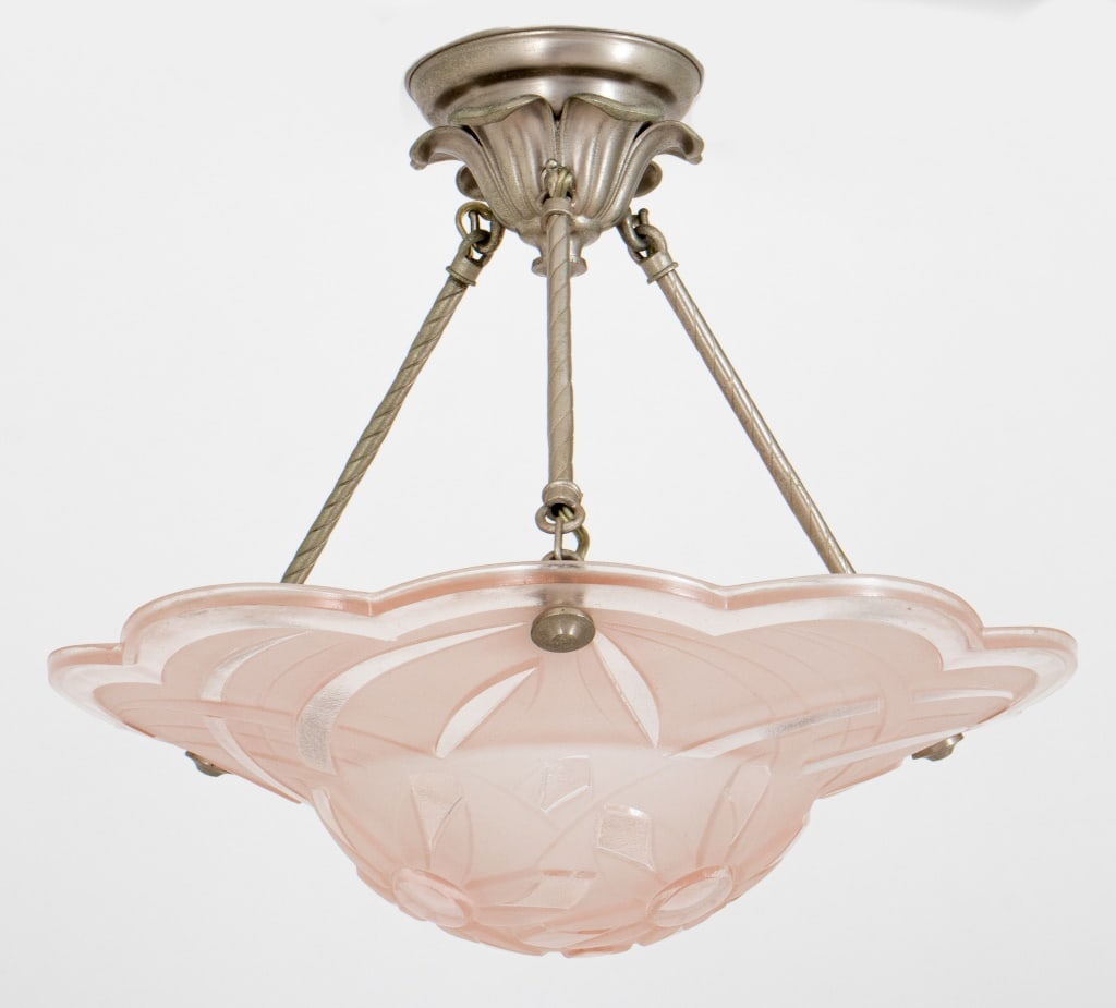 Degue French Art Deco Rose Glass Chandelier: Degue, David Gueron (French, 1892-1950) signed Art Deco rose glass chandelier or plafonnier, likely designed by Edouard Cazeau (French, 1889-1974), with an abstracted geometric floral pattern, signed