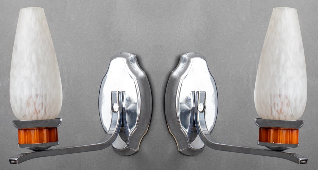 Art Deco Chromed Metal & Bakelite Wall Sconces, Pr (1 of 8)