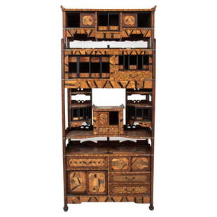 Japanese Showa Marquetry Shadona Cabinet, 1920s: Japanese marquetry shadona etagere, Showa period, 1920s, with elaborate architectural style geometric inlay and metal mounts, in the form of a curio-bookcase cabinet with sliding doors, shelves, and h