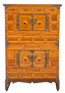 Korean Bandaji Chest on Chest: Korean Jang or Bandaji wooden chest on chest having two doors on each section with butterfly gilt metal hinges and inlaid wood circular taekgeuk motif, four drawers to top with gilt metal handles. 58.