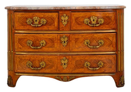 French Regence Kingwood Marquetry Commode: French Regence ormolu mounted kingwood veneered four drawer commode, with rounded bow front Fleur de Peche marble top above a conforming case with two short drawers above two long, each with ring moun