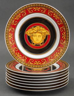 Versace by Rosenthal "Medusa" Dessert Plates, 8: Set of eight Versace by Rosenthal porcelain dessert plates in the Ikarus "Medusa" pattern, each with underglaze marks for Versace and Rosenthal, each in original packaging. Each: 7" diameter.