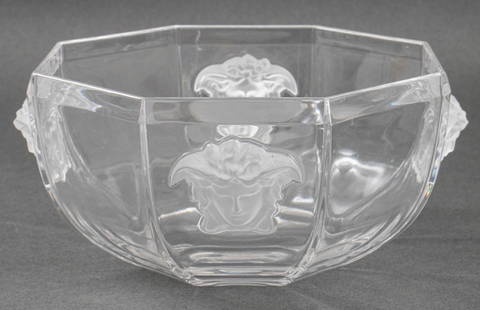 Versace by Rosenthal Crystal Medusa Large Bowl: Versace by Rosenthal Crystal medusa pattern large bowl, octagonal with four medusa masques to sides, marked to underside for Versace and Rosenthal, in original packaging. 3.75" H x 7.75" W x 7.75" D.