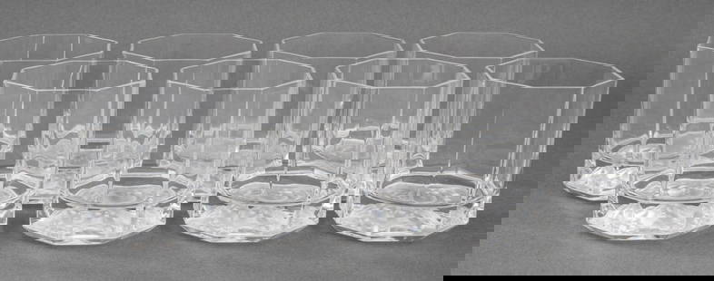 Versace by Rosenthal Crystal Whiskey Glasses, 8: Set of eight Versace by Rosenthal Crystal "Medusa Lumiere" pattern whiskey glasses, each octagonal with cameo glass medusa intaglio to underside of glass, in four original presentation boxes.