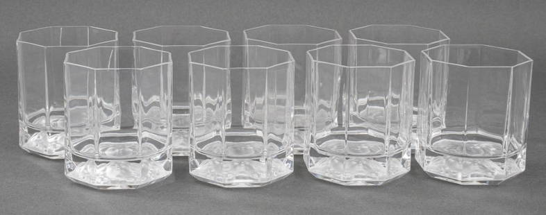 Versace by Rosenthal Crystal Whiskey Glasses, 8: Set of eight Versace by Rosenthal Crystal "Medusa Lumiere" pattern whiskey glasses, each octagonal with cameo glass medusa intaglio to underside of glass, in four original presentation boxes. 3.5" H x